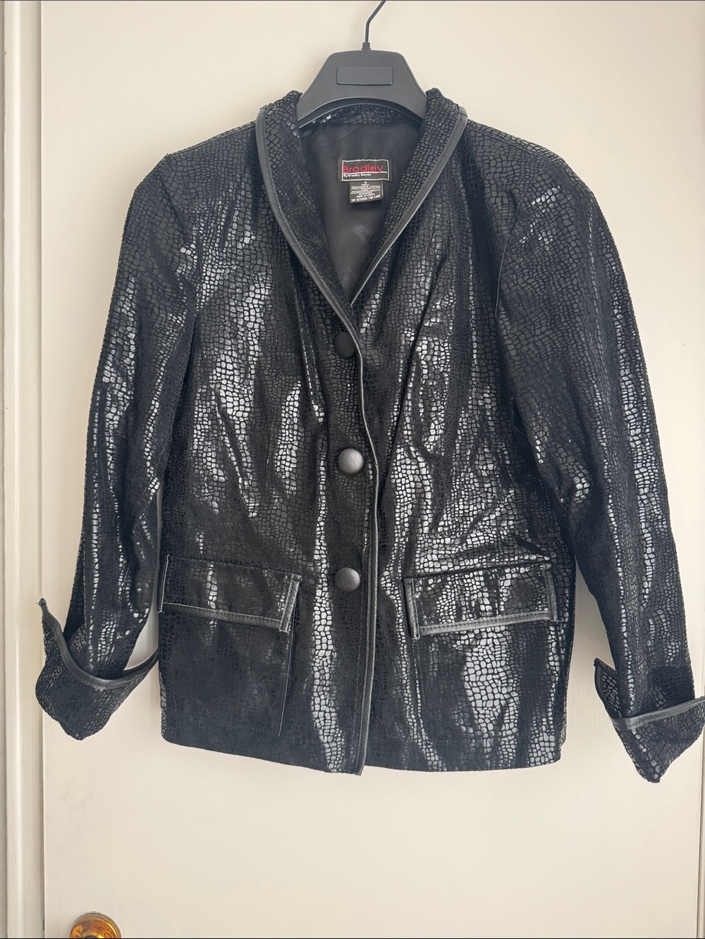 Black Women's Croc-Embossed Leather Jacket -